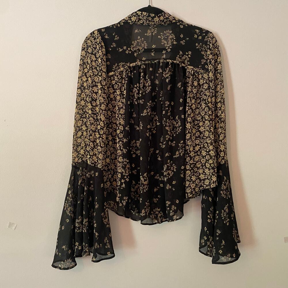 Free People Black Tan Floral Whimsygoth Sheer Button Down Blouse Women's Medium - Picture 7 of 10